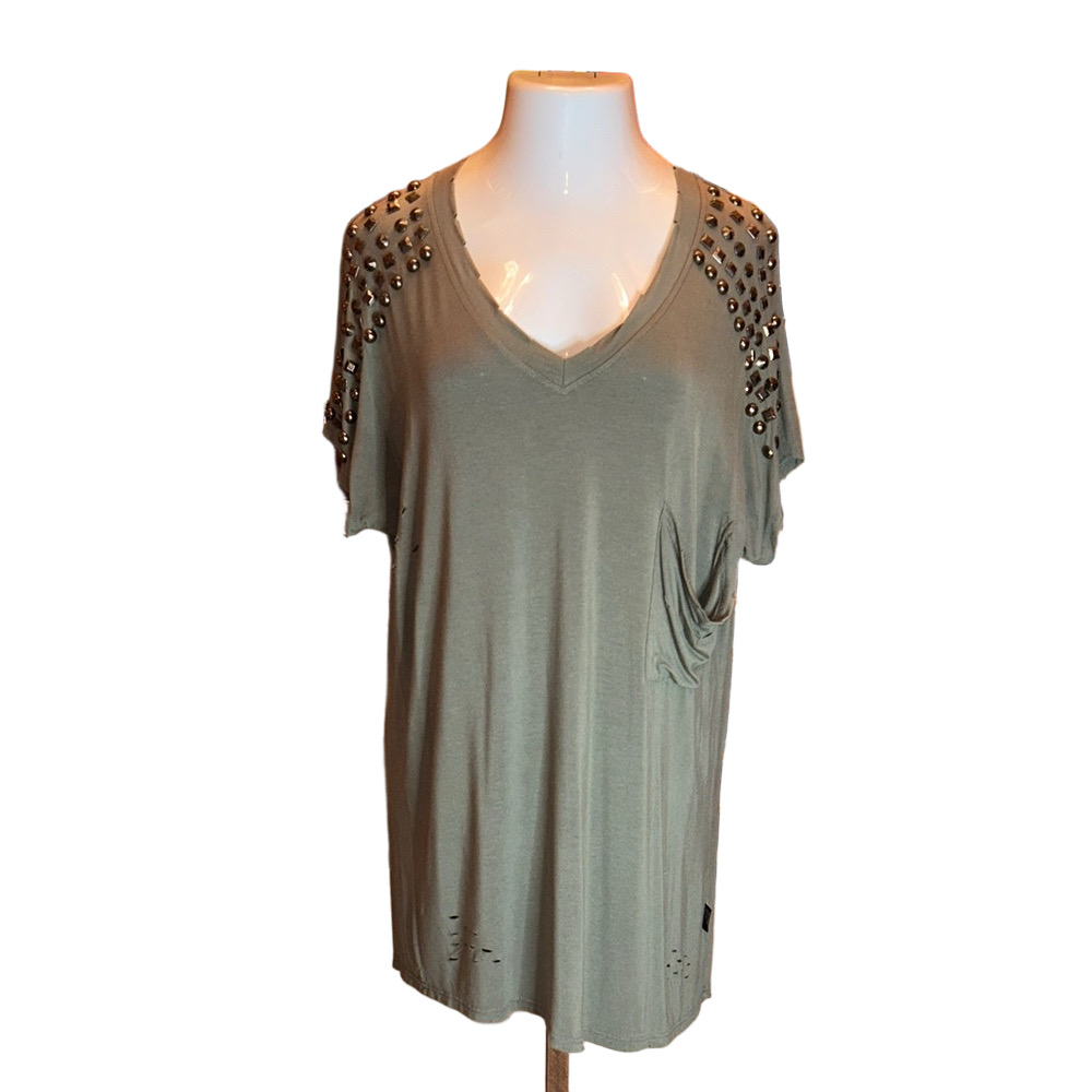 ANTHROPOLOGIE’S “POL” Army Green Distressed Tee Dress w/ Stud Decor Size M - Picture 3 of 13